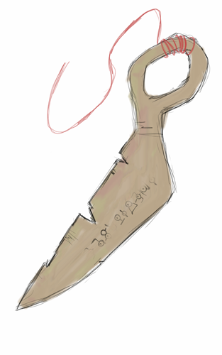 Half of a pair of stone scissors, with faded Unown lettering inscribed along the blade--the Edge of the Inevitable.